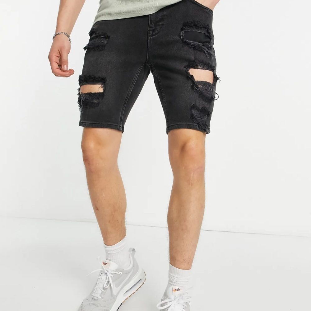 ASOS Heavy Distressed Jean Shorts in Charcoal Size 30 Waist